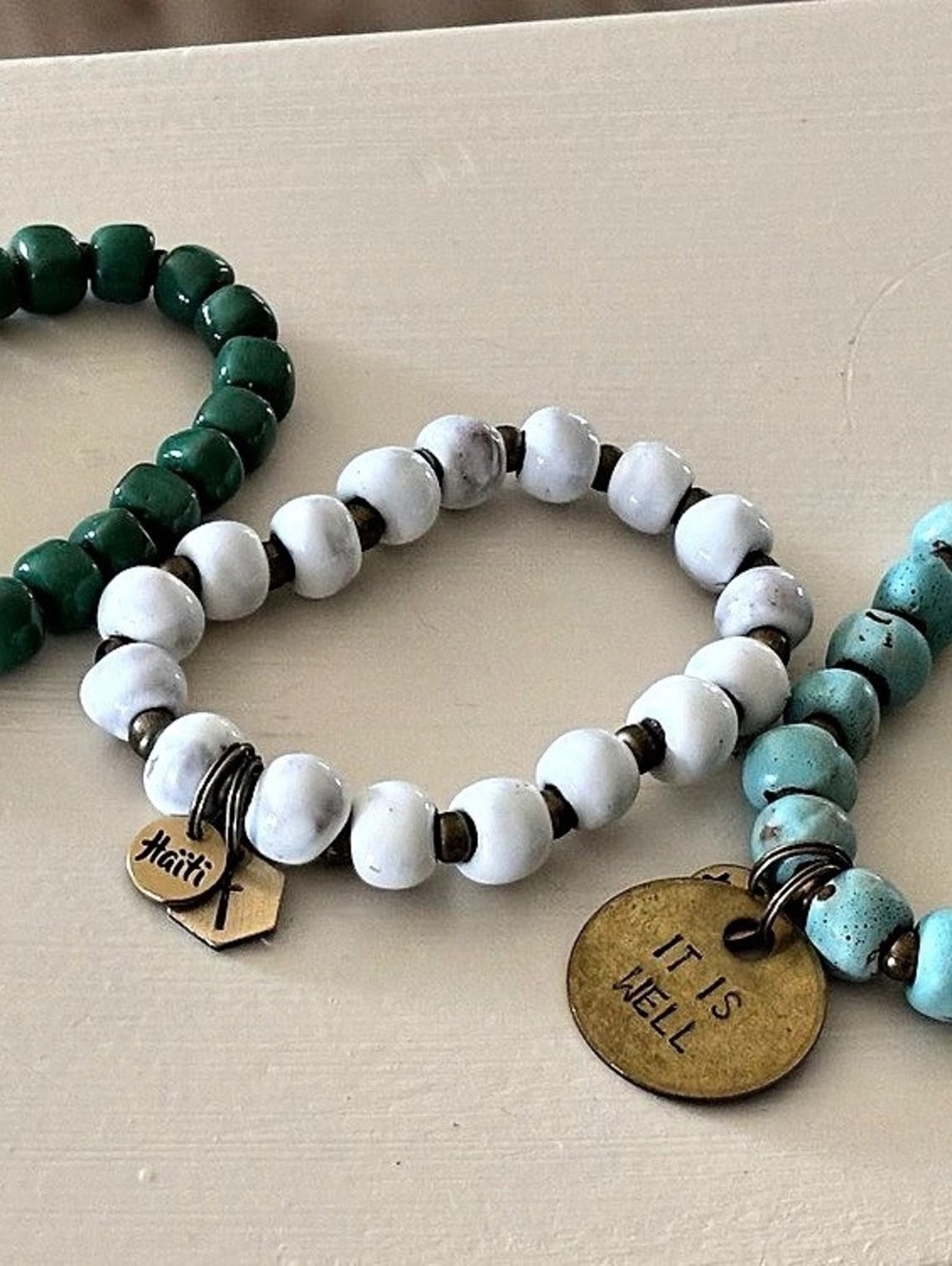 Bèl Kòz Haiti Clay Bead Bracelets with Charms Green & White